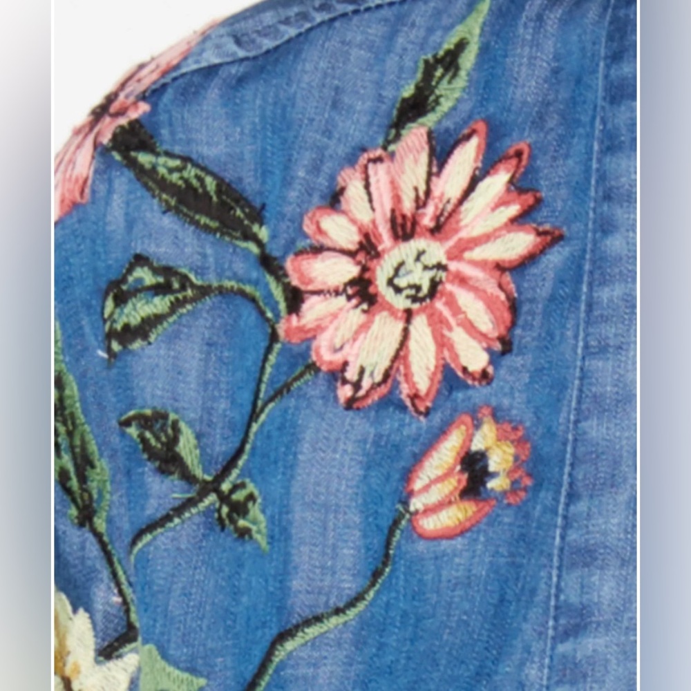 XL Chambray Floral Embroidered Open Front Cardigan Kimono Boho Spring Coastal - Picture 7 of 16